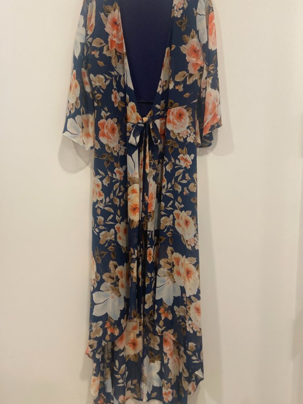 Slate & Willow Floral Chiffon Navy Tie Waist Kimono Wrap Maxi Dress Size XS